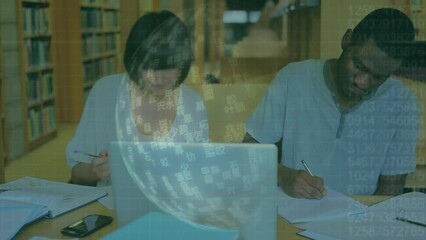 Poster - Animation of data processing over two diverse people studding in the library