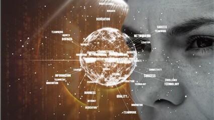 Poster - Animations of globe with network of connections over caucasian women fave on dark background