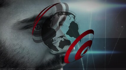 Poster - Animations of globe over caucasian men fave on dark background