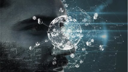 Poster - Animations of globe with network of connections over caucasian men fave on dark background