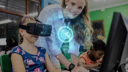 Poster - Animation of clock scan scope over caucasian female teacher with pupil using vr headset