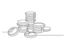 Stacks Of Coins Penny Cents. Continuous One Line Drawing. Vector Illustration