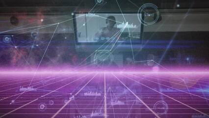 Poster - Animation of network of connections and grid over blue background