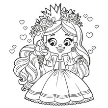 Cute Cartoon Longhaired Girl Princess Withice Cream And Cherry Outlined For Coloring Page On White Background