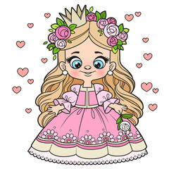 Sticker - Cute cartoon longhaired princess girl with rose in hand color variation for coloring page on white background