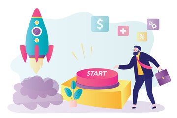 Wall Mural - Businessman press rocket launch button. Entrepreneur launches innovative startup