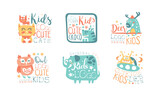 Fototapeta Dinusie - Cute Funny Kids Logo with Pretty Animal Original Design Vector Set