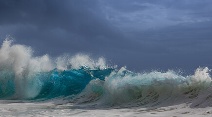 Wall Mural - beautuful big ocean surfing wave vibrant blue color under sunlight, seascape background