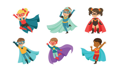 Canvas Print - Little Boy and Girl Wearing Costume of Superhero Pretending Having Power for Fighting Crime Vector Set