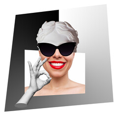 Wall Mural - Confident smiling antique female statue's head in black sunglasses with red lips shows the ok gesture with hand. Trendy collage in magazine style. 3d contemporary art. Modern design. Black and white