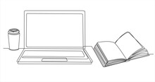 One Continuous Line Drawing Of Computer Laptop, Book And A Cup Of Coffee. Study Space Desk Concept. Single Line Draw Design Vector Illustration
