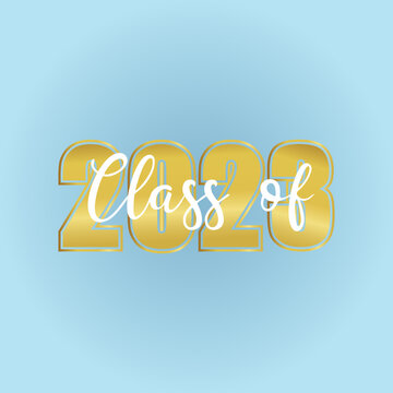 Wall Mural - Class of 2023 wallpaper. Golden number and white text class of on blue background. Template for graduation design poster, banner. Vector illustration.