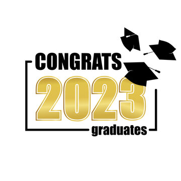 Wall Mural - Class of 2023. Gold number with black education academic cap on white background. Template for graduation design, high school or college congratulation graduate, yearbook. Vector illustration