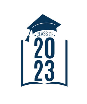 Wall Mural - Class of 2023 holiday. Blue number, education academic cap and open book on white background. Template for graduation design frame, high school, college congratulation graduate. Vector illustration.