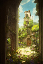 In Front Of A Small Overgrown Medieval Chapel Rococo Digital Art Illustration Painting Hyper Realistic Concept Art