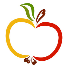 apple with hearts, outline in red and yellow on a white background