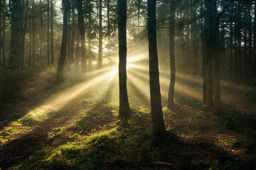 Wall Mural - sunrays shining through the trees in a forest