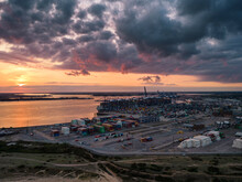 An Aerial View Of The Port Of Felixstowe At Sunset In Suffolk, UK