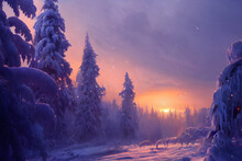 Sunrise In A Snowy Winter Landscape. 