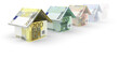 Bausparen & Hypothek: eine Reihe von Häusern geformt aus Geldscheinen verschwindet im Hintergrund