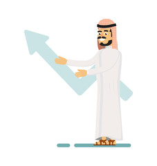 Poster - Muslim businessman presentation business growth. Standing arabian man in traditional clothing, business people vector illustration.