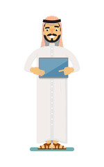 Poster - Smiling muslim businessman with tablet computer. Standing arabian man in traditional clothing, business people vector illustration.