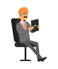 Wall Mural - Indian businessman with tablet computer. Sitting man in business suit and turban, business people vector illustration.