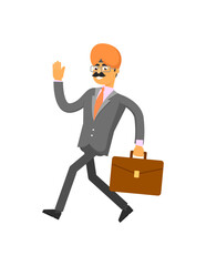 Poster - Indian businessman hurrying to work. Running man in business suit and turban , business people vector illustration.