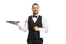 Waiter Carrying A Silver Tray And Smiling