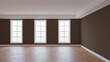 Beautiful Interior with Brown Walls, White Ceiling and Conrnice, Three Large Windows, Herringbone Parquet Flooring and a White Plinth. Beautiful Concept of the Room, 3D Render. Ultra HD 8K 7680x4320