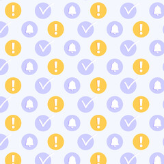 Seamless pattern with bell, exclamation point and check mark icon on purple background for poster, banner, wallpaper, wrapping paper, scrapbook, textile and other design.