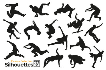 Wall Mural - Isolated silhouettes of sportsmen practicing parkour around the city.