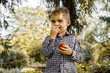 Chłopiec zjada świeże brzoskwinie, brzoskwinie, świeże owoce sezonowe prosto z drzewa, blisko natury, w ogrodzie