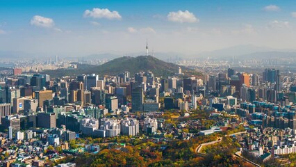 Fototapete - Time lapse of Seoul city in Autumn season, South Korea.