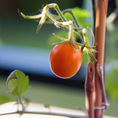 a ripe cherry tomato on a tomato plant