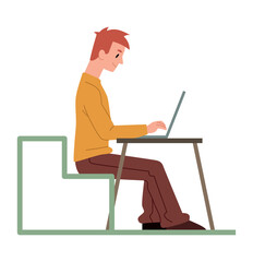 Poster - business activity concept. young male office worker or employee sits at workplace and works on lapto