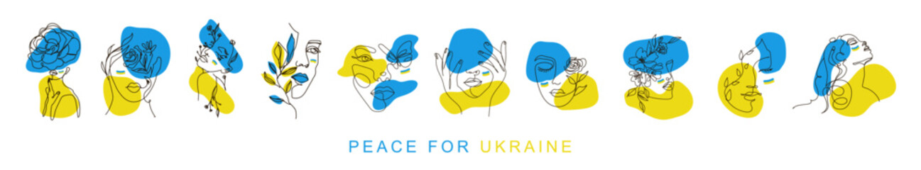 Ukraine modern abstract line minimalistic women face arts set with national color flag on white background postcard or brochure cover design. Different woman faces. One line art. Vector illustrations
