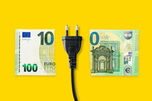Euro Banknote On A Yellow Background. Energy Crisis And Expensive Electricity, Gas Price. Big Heating, Gas And Electricity Bill