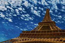 Perspective View From The Bottom Of The Iron Structure Of Eiffel Tower In Paris. The Charming Capital Of France. Oil Paint Filter.