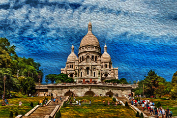 Wall Mural - People on staircase going uphill with the Basilica of Sacre Coeur on top, in Paris. The charming capital of France. Oil paint filter.