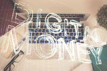 Poster - Blockchain theme hologram drawings over computer on the desktop background. Top view. Double exposure.