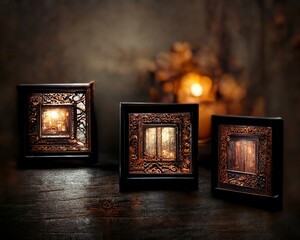 Wall Mural - three old wooden frames in victorian mansion for digital art print mockups with warm and cozy background lights