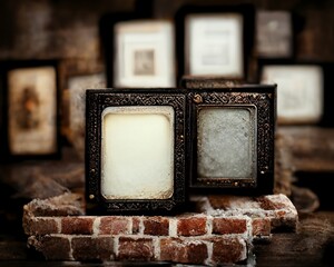 Canvas Print - two old wooden frame on an old brick ruin wall in victorian style mansion