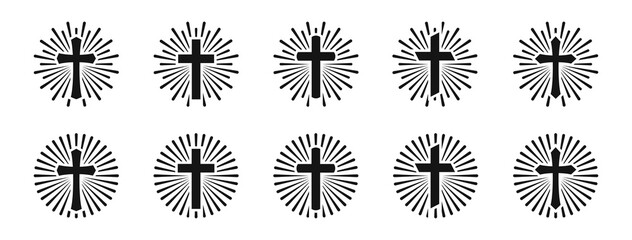 Christian cross sunburst icons. Cross in sunburst icon collection. Vector graphic