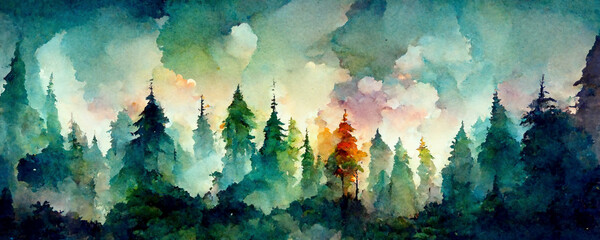 Wall Mural - Digital structure of painting. Watercolor landscape in the fores.