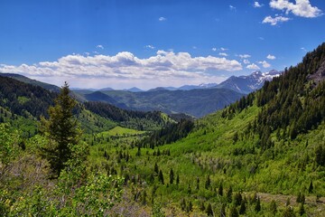 Wall Mural - Silver Lake Flat Reservoir views of mountains from hiking trail above Tibble Fork up American Fork Canyon by Box Elder Peak. Wasatch Mountains, Utah. USA.