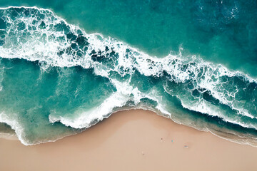 Wall Mural - Aerial view of the sandy beach near the sea with waves.  Top view of  incredibly beautiful azure water 
