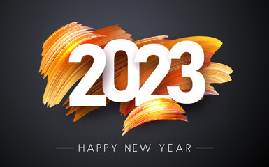 White paper 2023 sign on orange gradient brush strokes background.