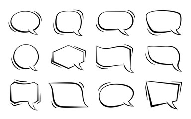 Aufkleber - Pop art speech bubble set. Cartoon boom burst wow effect empty frame. Comic text message balloon. Fun sketch shapes speak cloud banner. Web chat comment icon sign. Blank social media dialog template