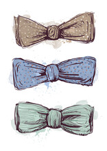 A Set Of Brown, Blue, Green Bow Ties For The Groom On A White Background. Wedding Tie, Watercolor Vintage Sketch